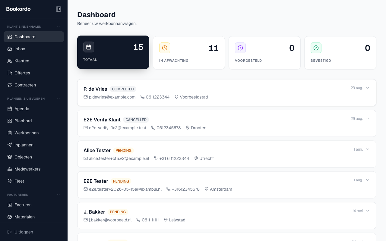 het dashboard met de navigatie en de eerste werkbon