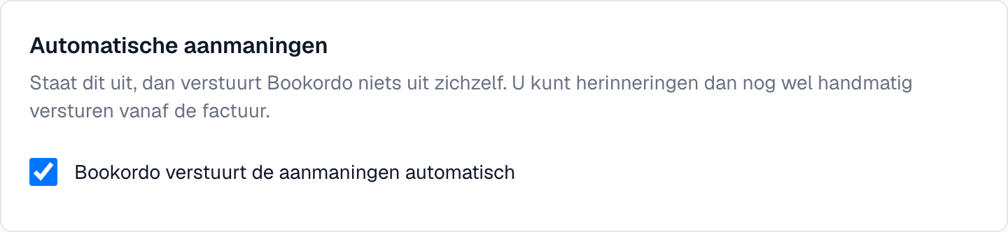 het vinkje Bookordo verstuurt de aanmaningen automatisch