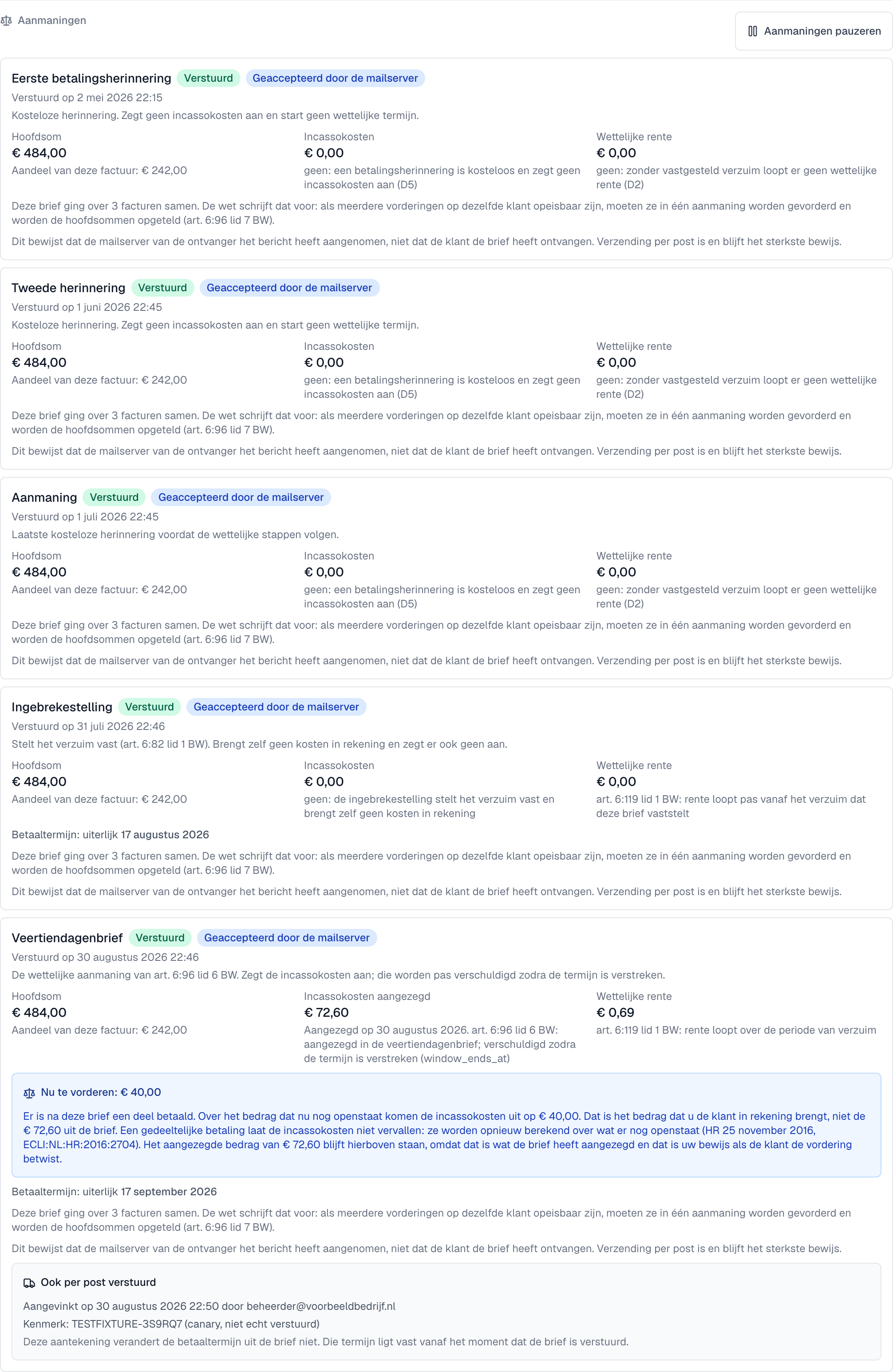 het blok Aanmaningen op het factuurdetail met de verstuurde treden