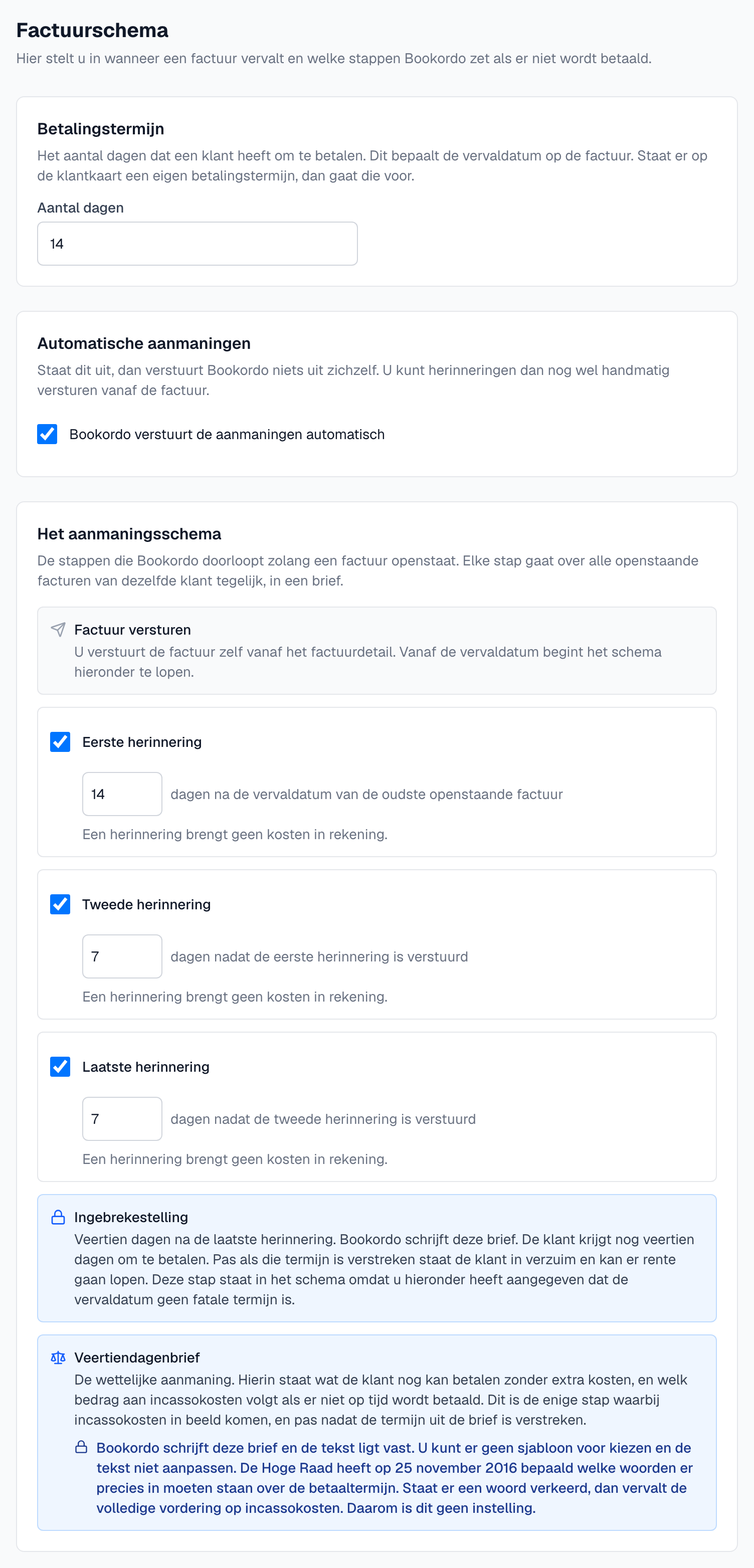 de pagina Factuurschema met de betalingstermijn en het aanmaningsschema