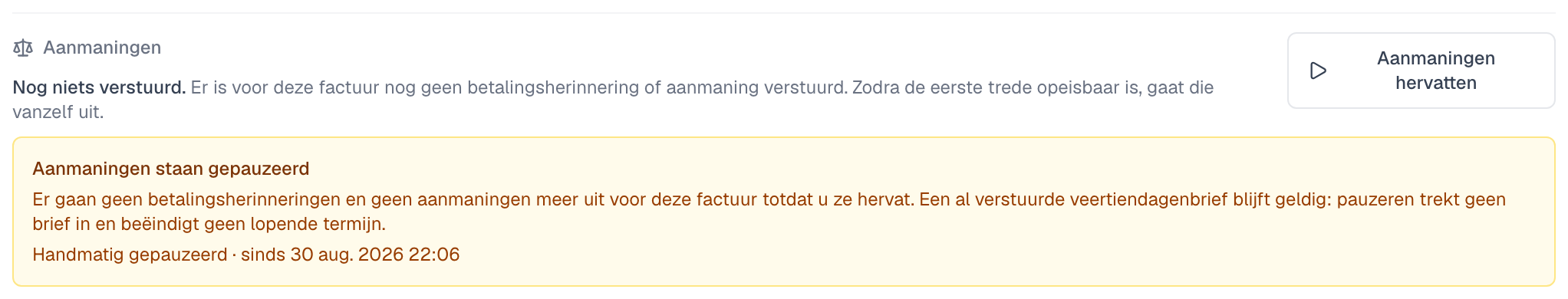 de melding Aanmaningen staan gepauzeerd op het factuurdetail