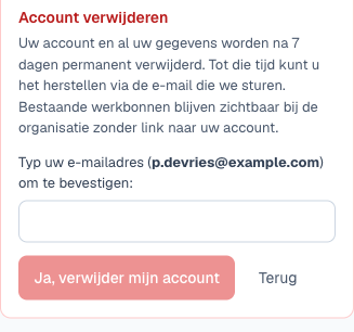 het blok Account verwijderen met het bevestigingsveld