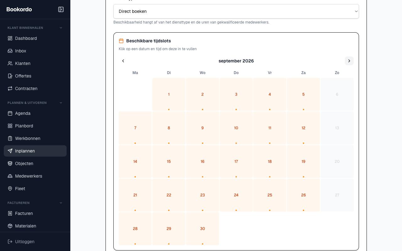 Het tabblad Direct inplannen met de beschikbaarheidskalender