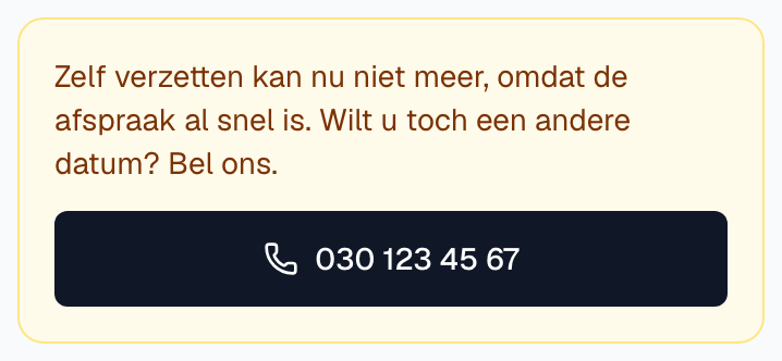 Het gele blok Bel ons met de uitleg en de knop met het telefoonnummer