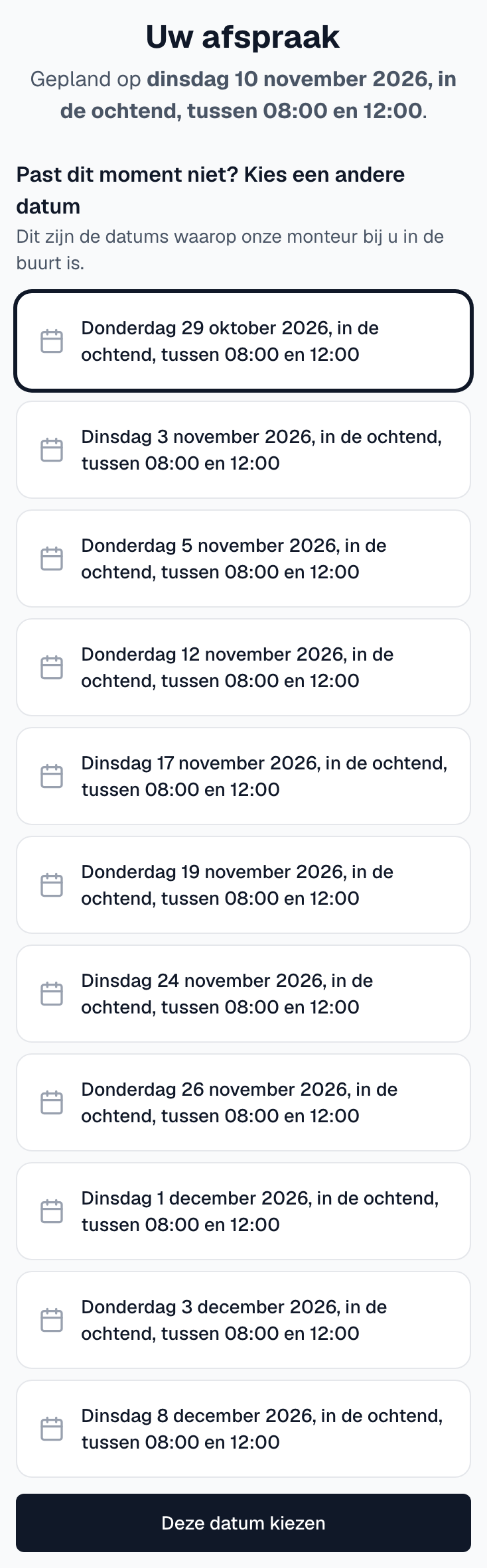 De pagina Uw afspraak met de huidige datum, de lijst met andere datums, één gekozen datum en de knop Deze datum kiezen