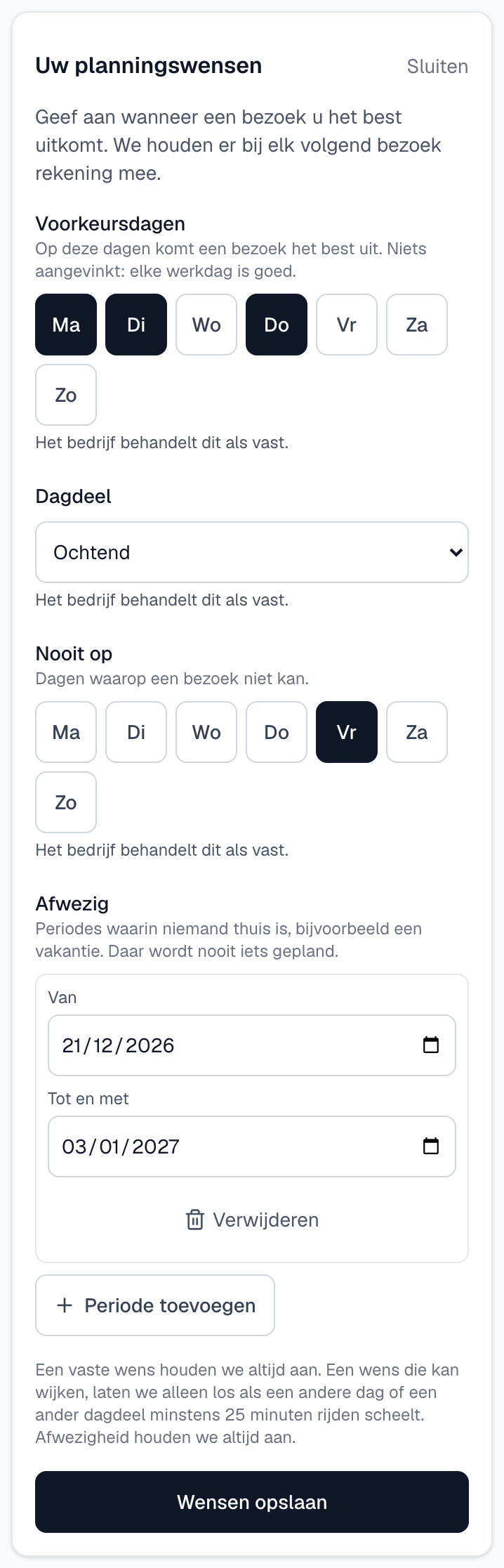 Het opengeklapte blok Uw planningswensen met voorkeursdagen, dagdeel, nooit-dagen, afwezigheid en de knop Wensen opslaan