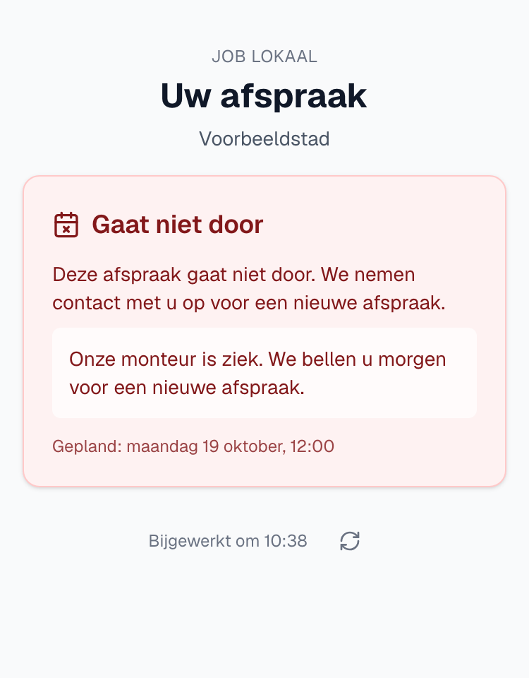 de volgpagina met Gaat niet door en het bericht van het bedrijf