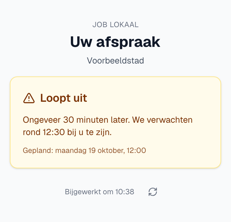 de volgpagina met Loopt uit en de nieuwe verwachte tijd