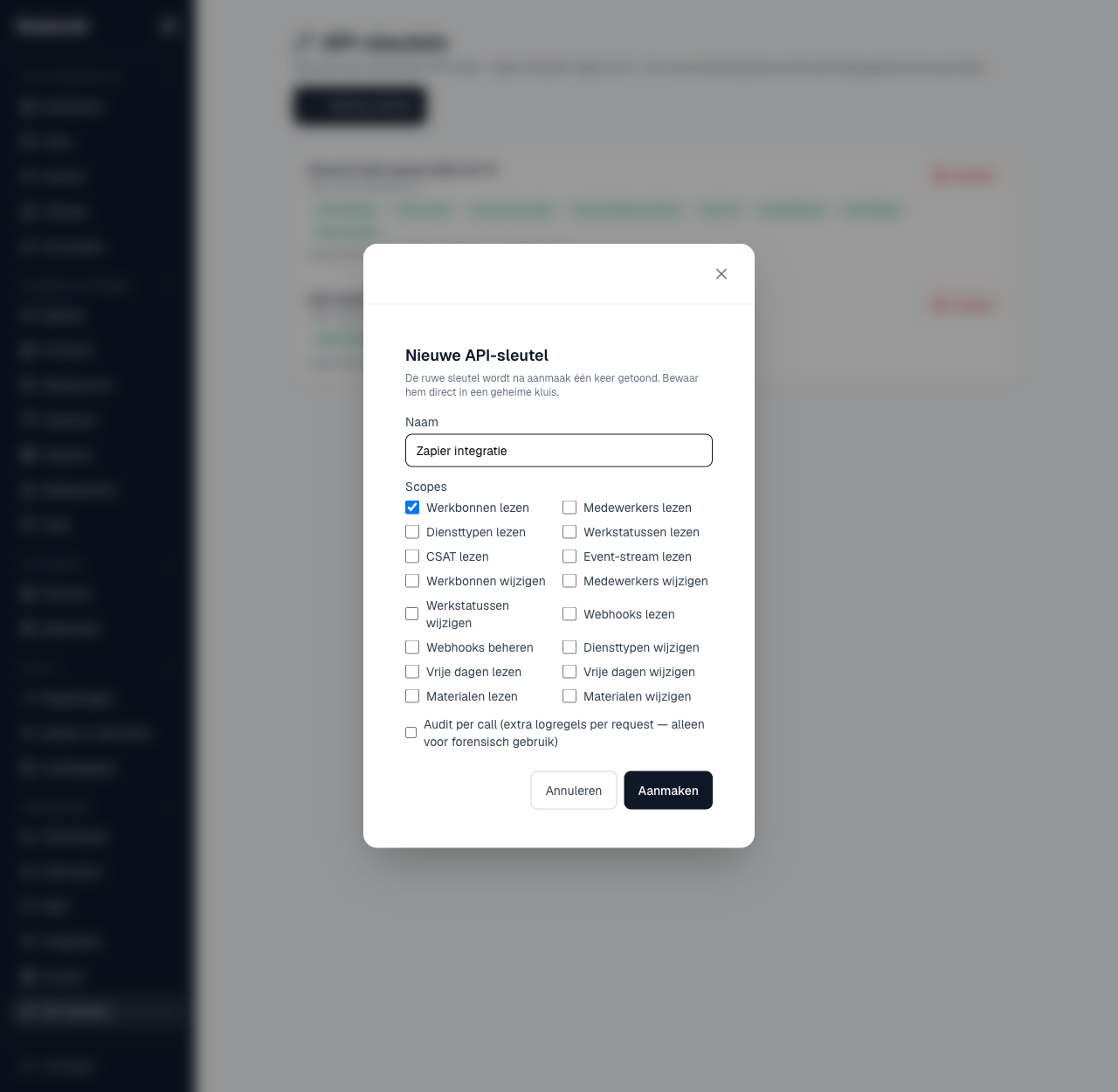 het venster Nieuwe API-sleutel met naam en scopekeuze