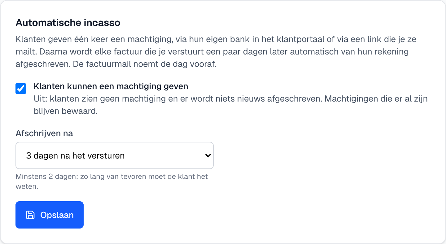 het blok Automatische incasso onder Instellingen, Facturatie, met de schakelaar en Afschrijven na 3 dagen