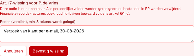 het bevestigingsvenster van de Art. 17-wissing met het redenveld