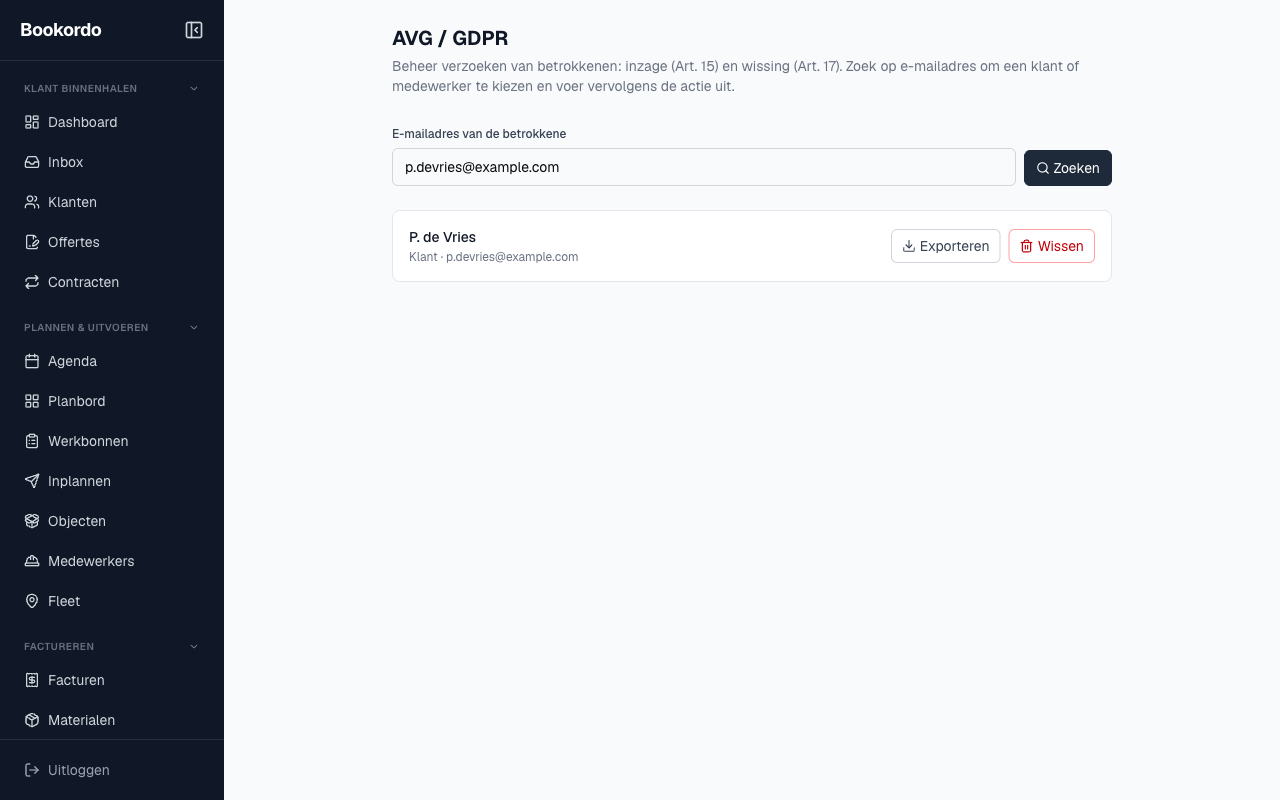 de AVG-pagina met het zoekveld en een gevonden betrokkene met de knoppen Exporteren en Wissen