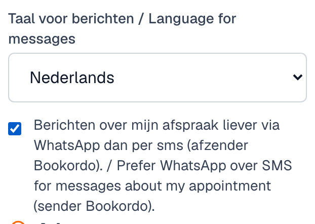 het vinkje voor WhatsApp op het boekingsformulier