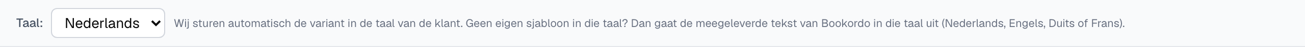 de bovenbalk van de sjablooneditor met de keuzelijst Taal en de uitleg ernaast