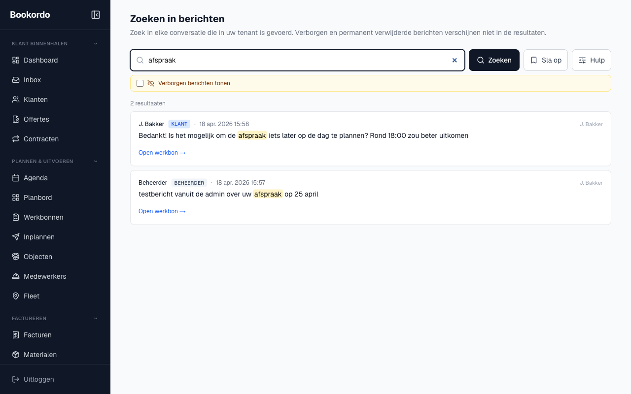de zoekpagina met resultaten en gemarkeerde zoektermen