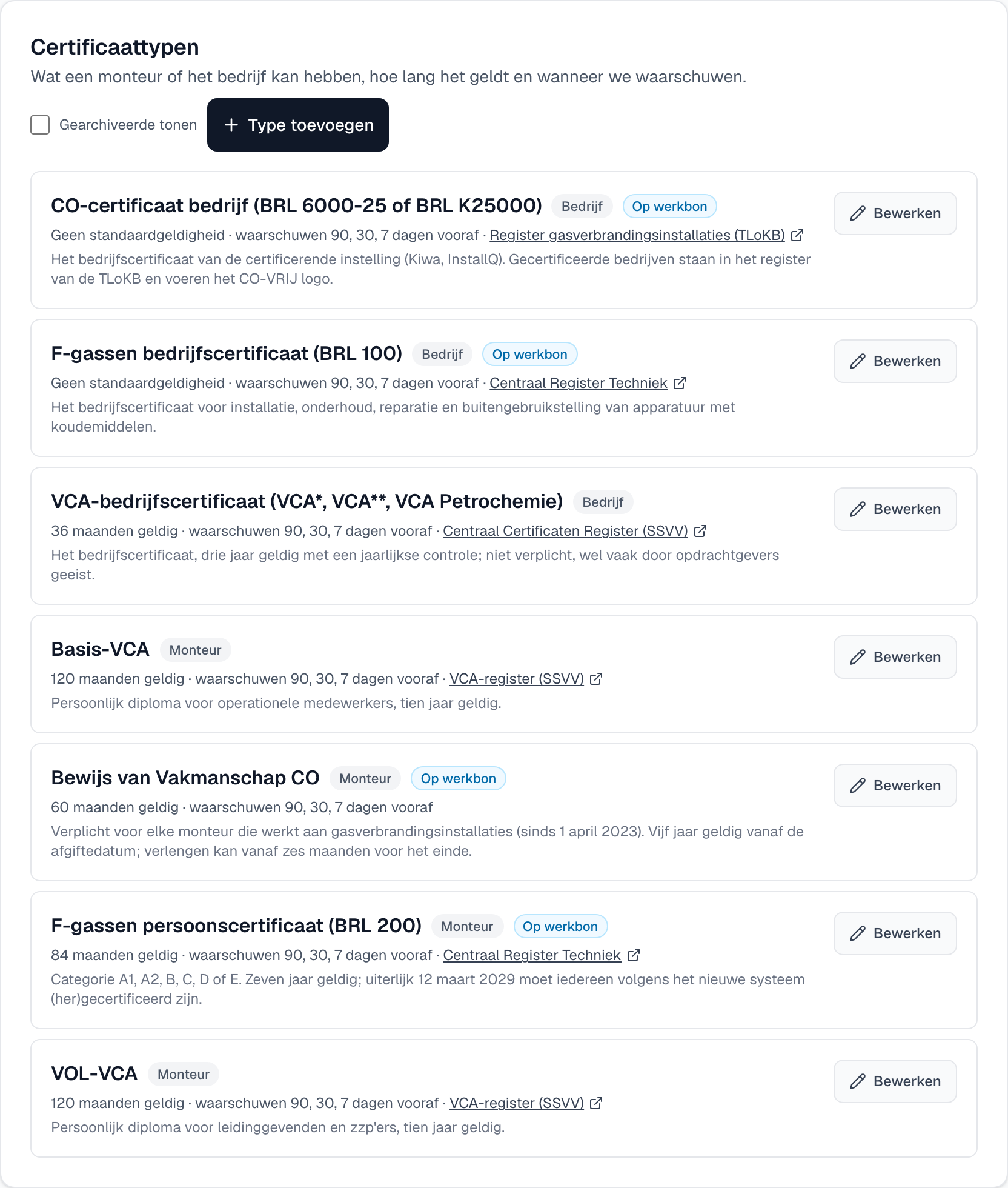 de pagina Certificering met de catalogus van typen, per type de geldigheid, de waarschuwingstermijnen en de registerlink