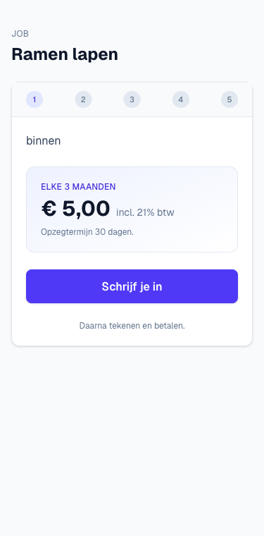 de contractpagina met prijs, frequentie en startknop
