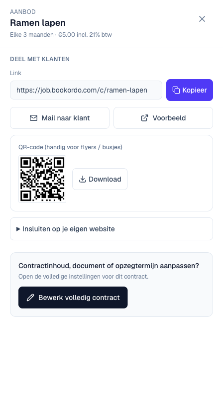 Het deelvenster met link, QR-code en voorbeeldknop