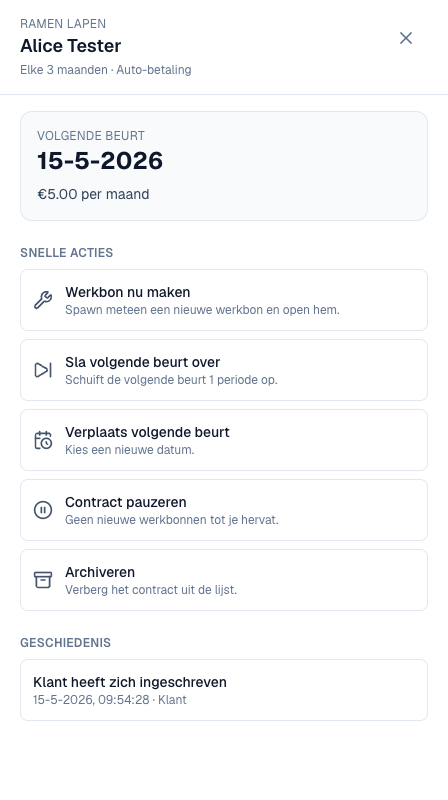 Het detailvenster van een lopend contract met de snelle acties