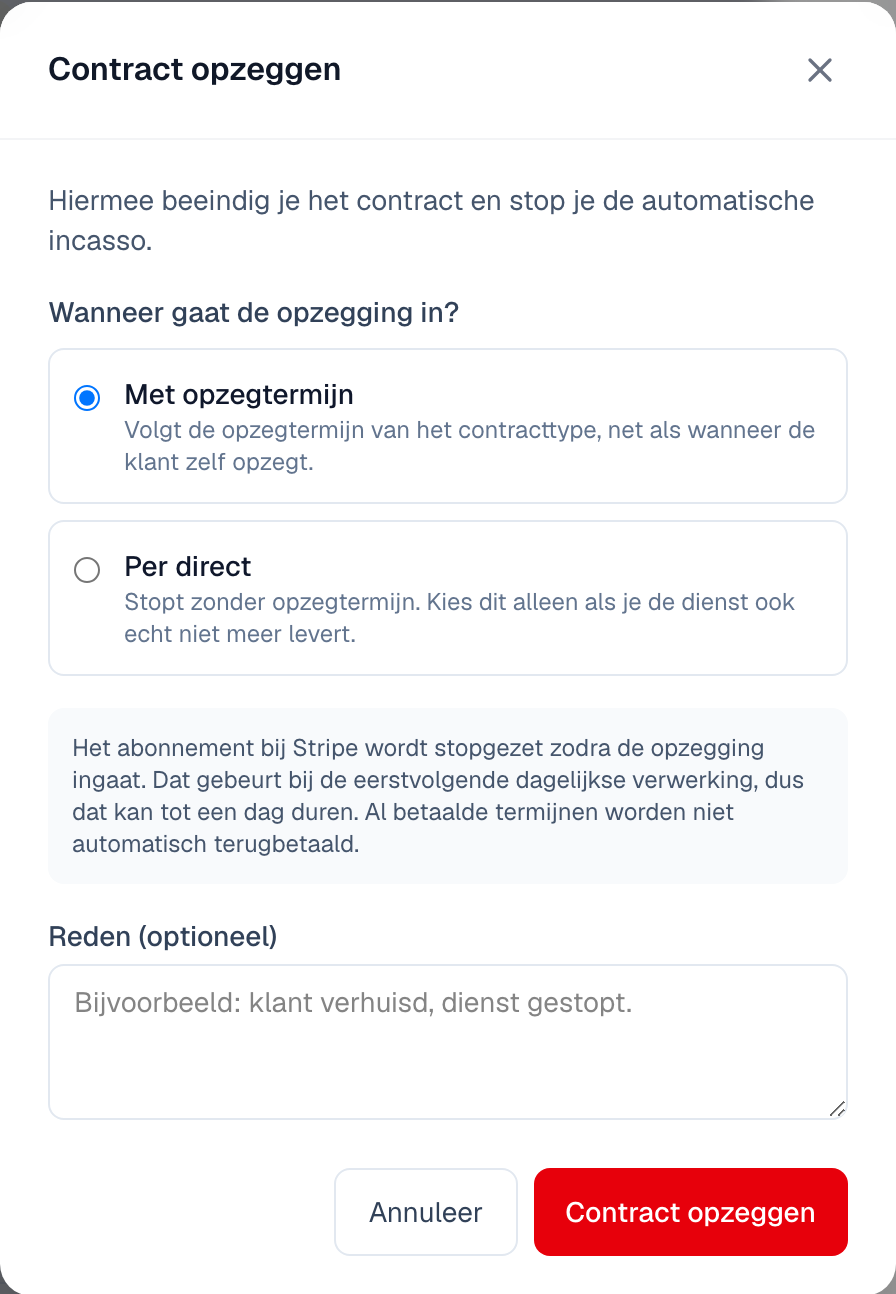 het opzegvenster met de keuze tussen opzegtermijn en per direct, de melding over de automatische incasso en het veld Reden