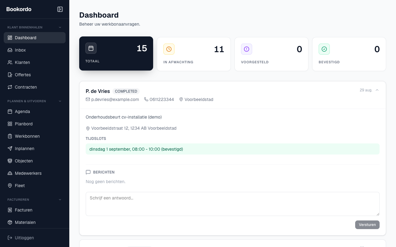 Het dashboard met de vier tellers en een uitgeklapte aanvraag