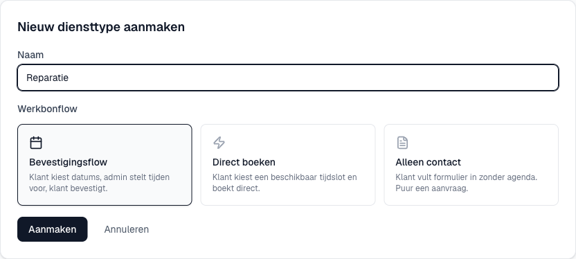 het venster Nieuw diensttype aanmaken met de drie werkbonflows