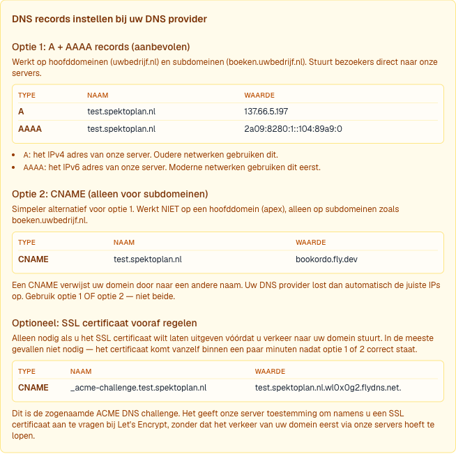 de DNS-instructiekaart met de tabellen voor optie 1 en optie 2