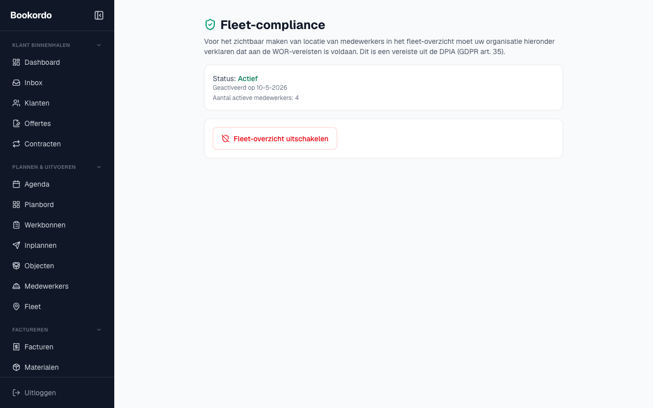 De pagina Fleet-compliance met de verklaring en activatieknop