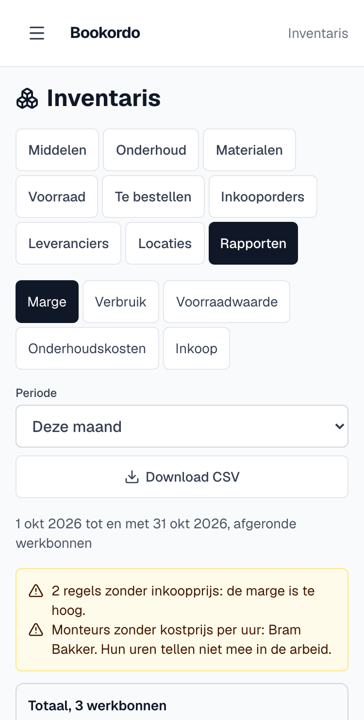 het rapport Marge op een telefoon, met het totaal en de diensttypes onder elkaar