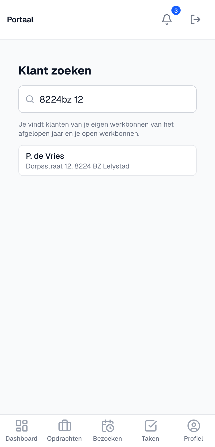 het scherm Klant zoeken met een klant gevonden op postcode en huisnummer