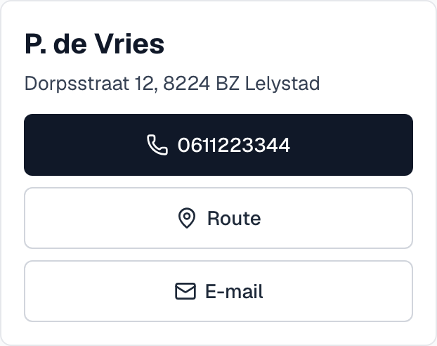 de bovenkant van de klantkaart met bellen, route en e-mail