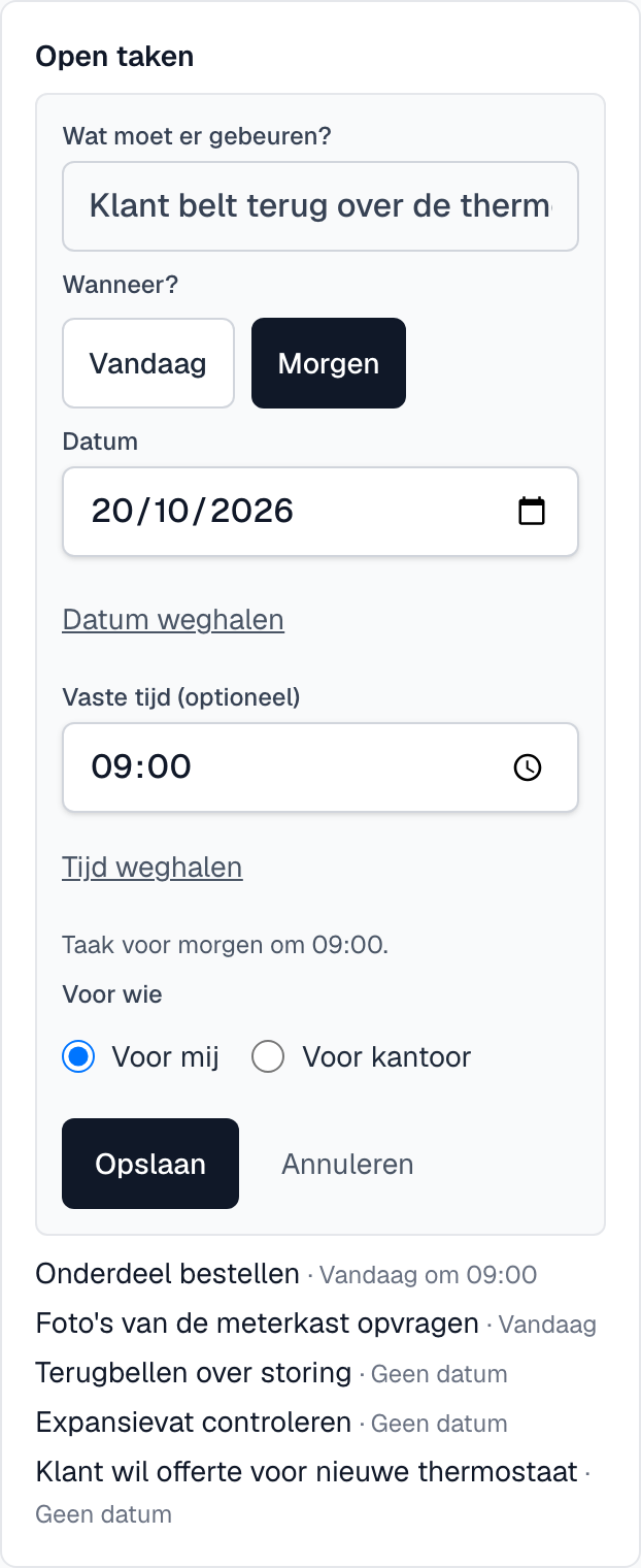 het formulier Taak maken op de klantkaart