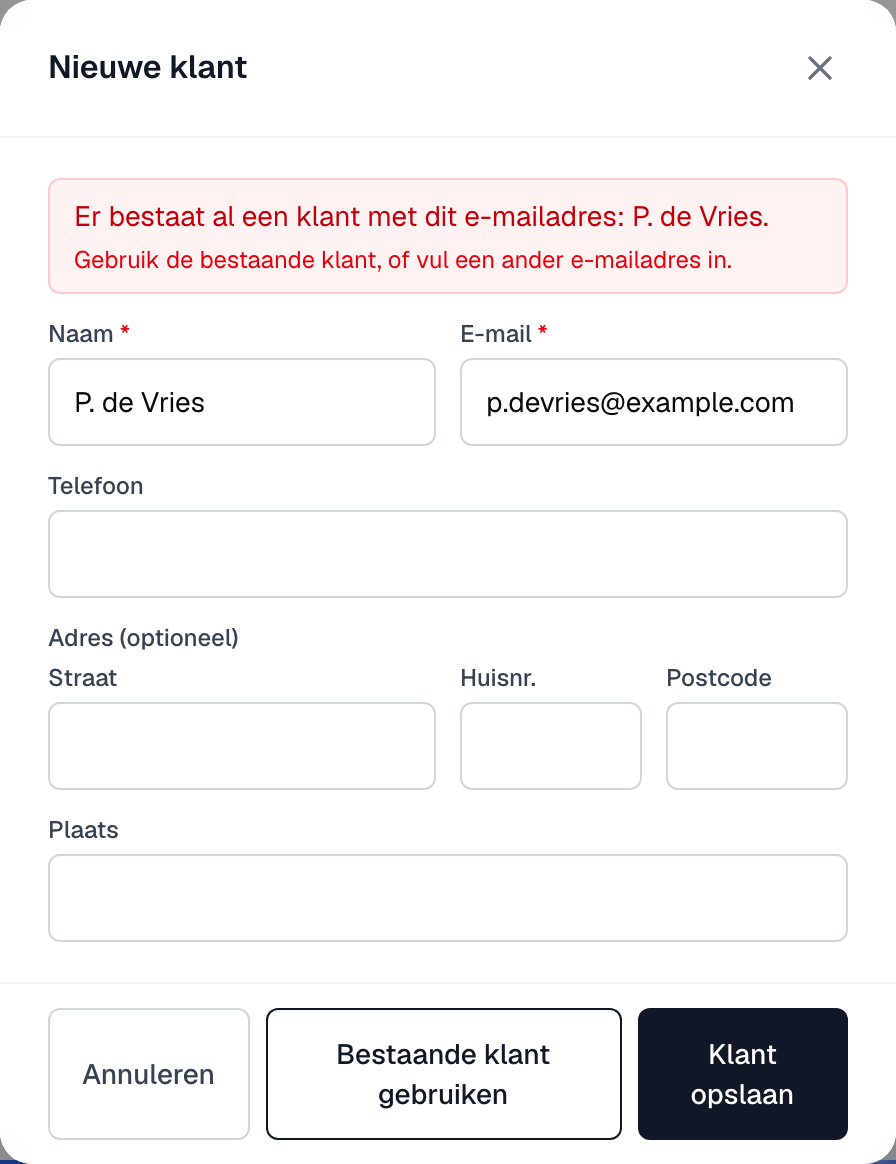 De melding met de knop Bestaande klant gebruiken