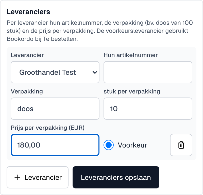 Het blok Leveranciers in het artikel, met verpakking doos van 10 en een prijs per doos