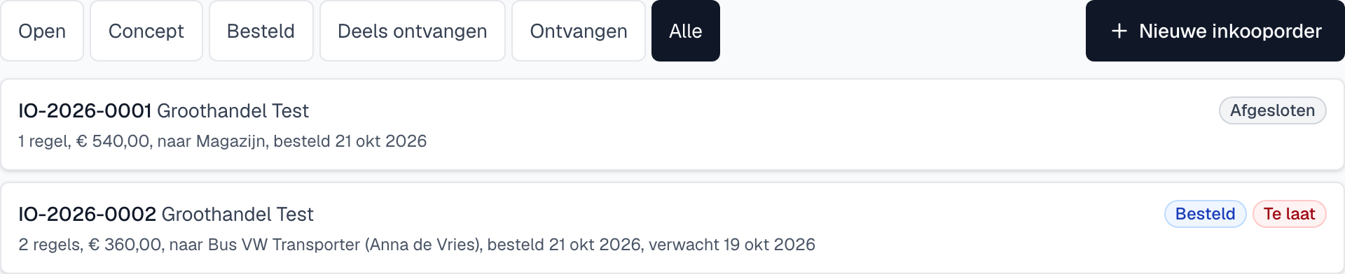 De lijst inkooporders met de status en het label Te laat