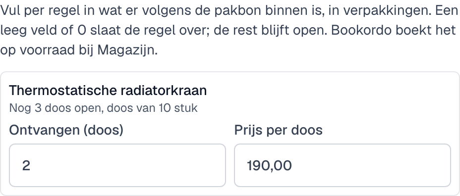 Het venster Ontvangen met per regel het aantal verpakkingen en de prijs per verpakking
