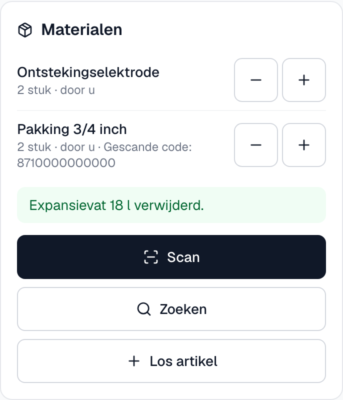 het blok Materialen met twee regels, de knoppen min en plus, en de knoppen Scan, Zoeken en Los artikel