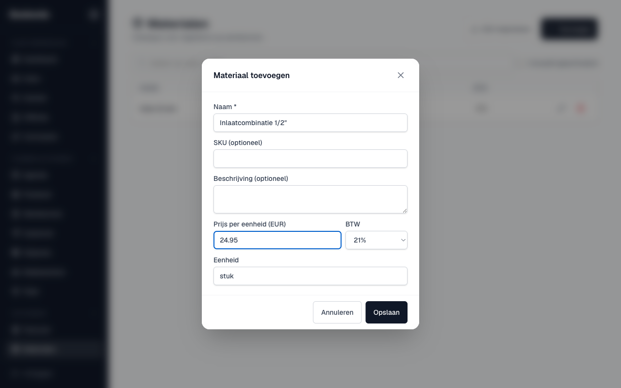 het venster Materiaal toevoegen met naam, prijs, BTW en eenheid