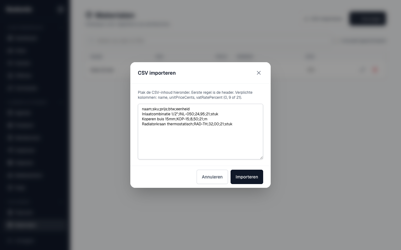 het importvenster met geplakte CSV en de knop Importeren