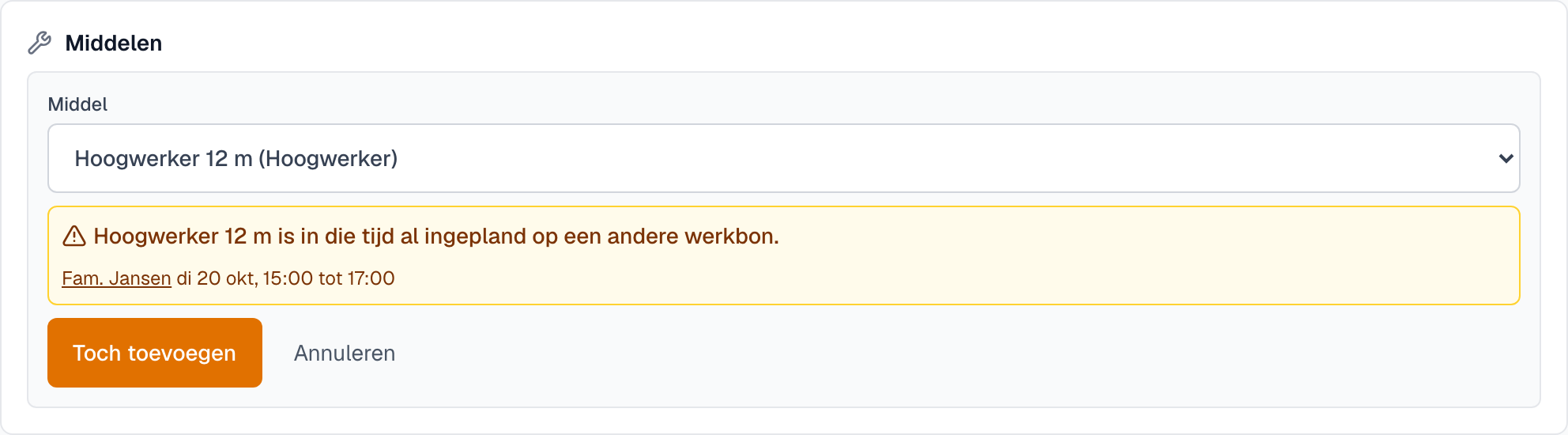 Het blok Middelen op de werkbon met de waarschuwing over de dubbele boeking en de knop Toch toevoegen