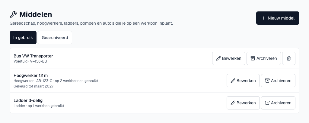 De pagina Middelen met een hoogwerker, een ladder en een bus
