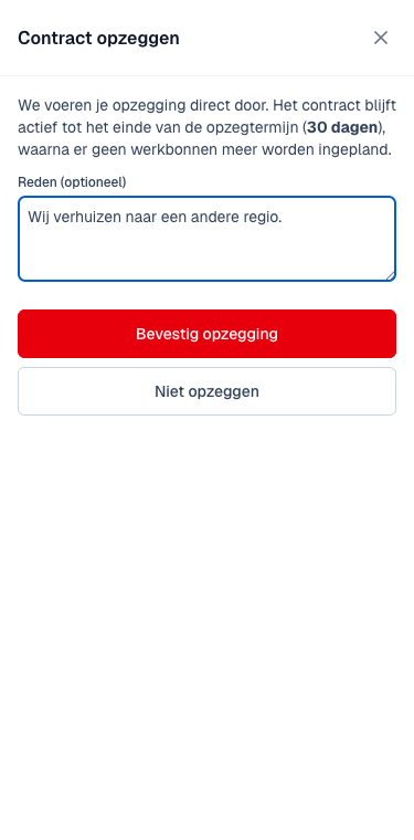 het opzegvenster met reden en bevestigingsknop