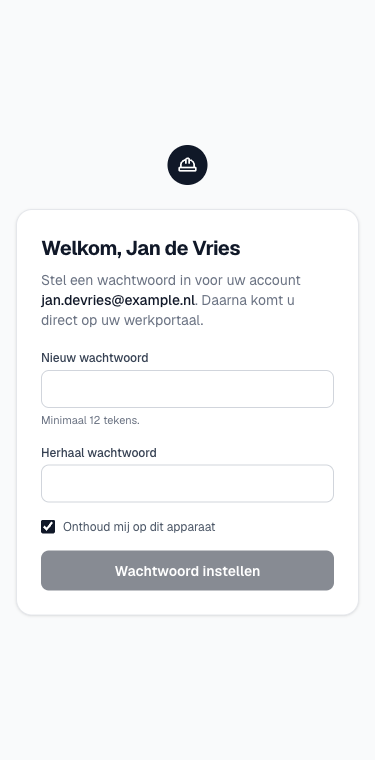 de welkomstpagina op een telefoon met de twee wachtwoordvelden en de knop Wachtwoord instellen