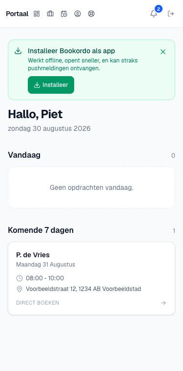 het dashboard op een telefoon met de secties Vandaag en Komende 7 dagen met opdrachtkaarten