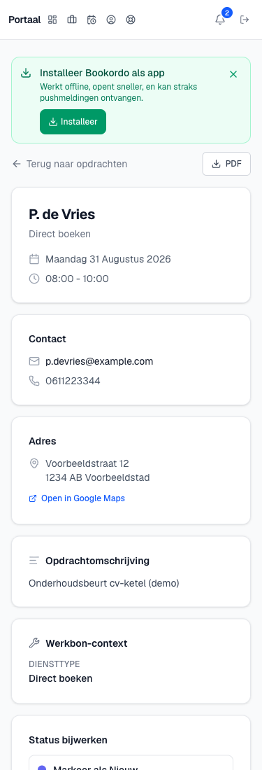 het opdrachtdetail op een telefoon met contactblok, adres en de lijst Status bijwerken