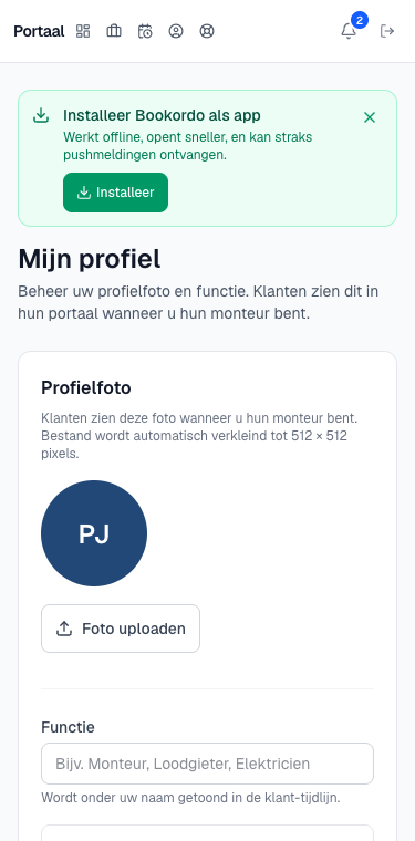 de pagina Mijn profiel op een telefoon met de ronde profielfoto en de knop Foto uploaden