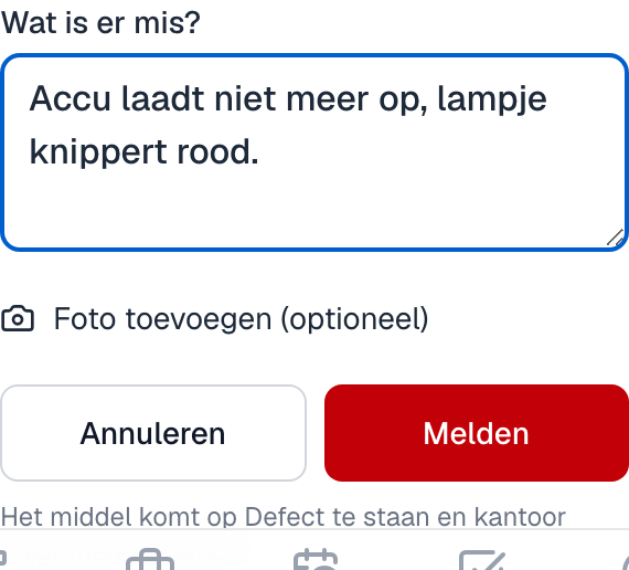 Het formulier Meld defect met een omschrijving en Foto toevoegen