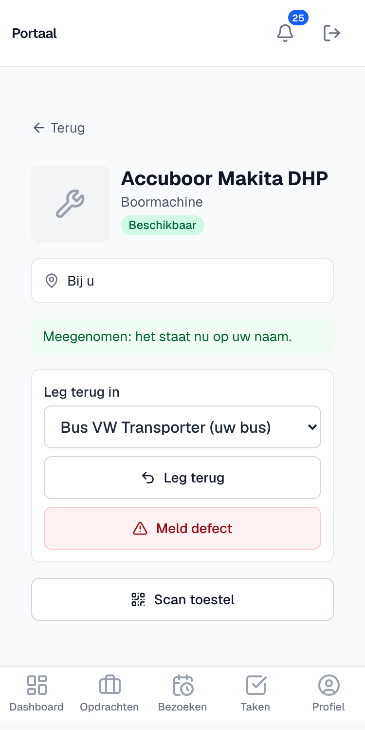 De pagina van een middel na Neem mee, met Leg terug in uw bus en Meld defect