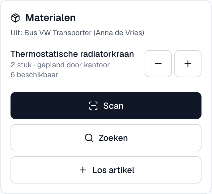 Het blok Materialen op een opdracht met Uit: Bus, een geplande regel met min en plus, en hoeveel er beschikbaar is