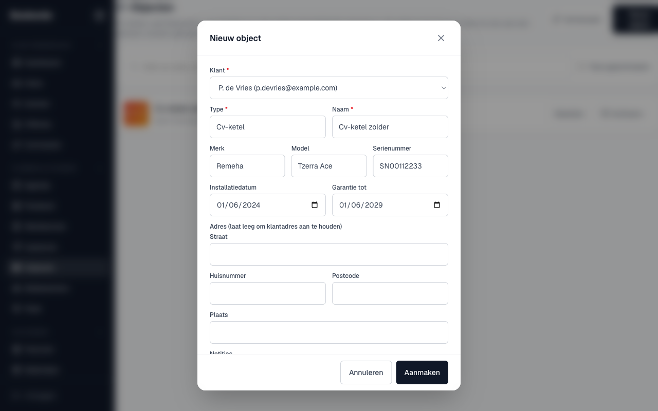 Het formulier Nieuw object met type-suggesties en garantieveld